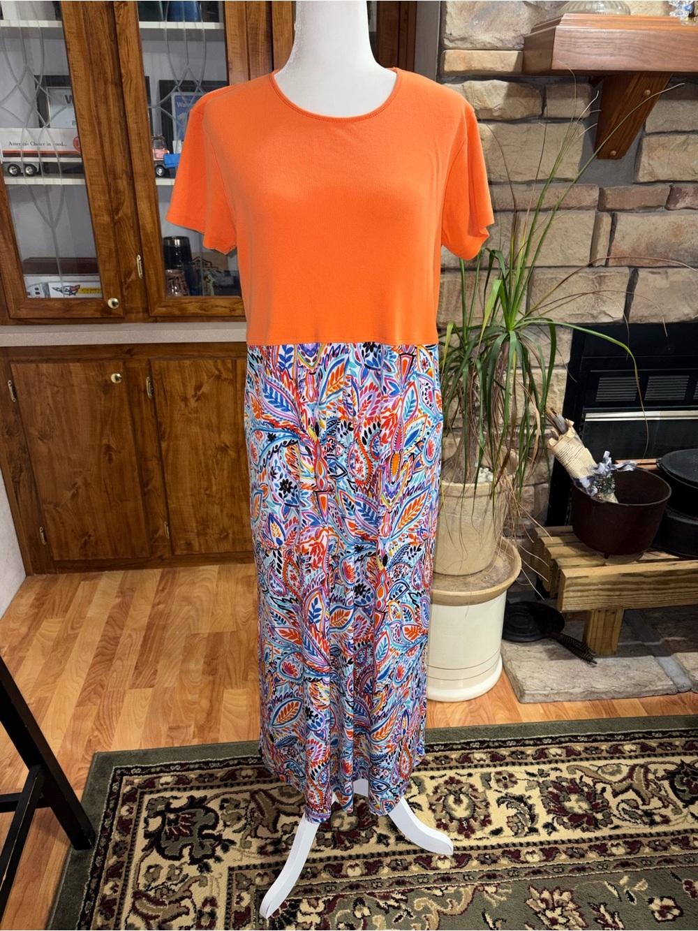 Bright Orange short sleeve Top with Multicolor Paisley Maxi Skirt one piece